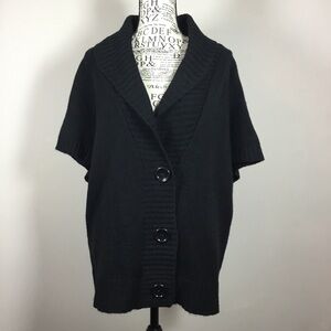 Black knit cozy short sleeve cardigan large buttons large ribbed collar sz M
